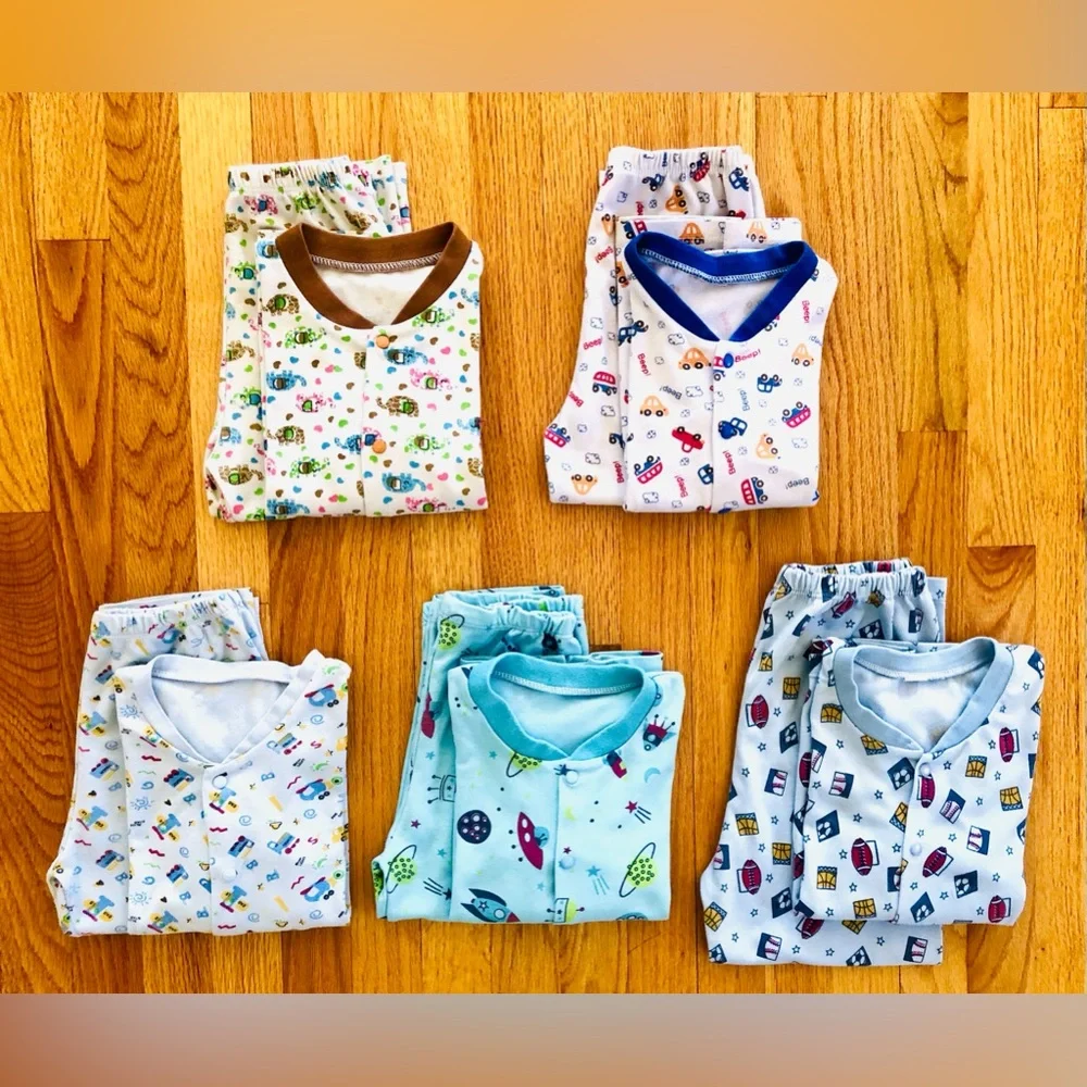 A set of 5 pairs kids pajamas - animal, vehicle & sport prints size 4